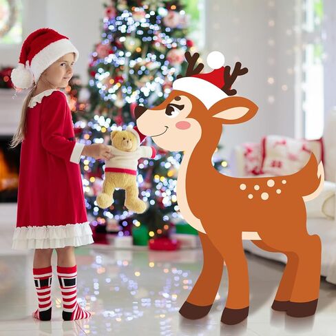 Weysat 4 ft H Reindeer Cardboard Cutout Stand up Christmas Reindeer with Santa Hat Photo Booth Props Large Deer Backdrop for Xmas Winter Event Background Holiday Party Decoration in Saudi Arabia