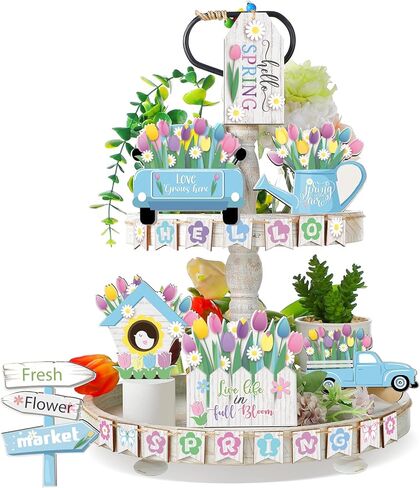 Bucherry Hello Spring ديكور صينية متدرجة طاولة التوليب زخارف خشبية لافتة سوق الزهور منضدية ديكور مزرعة ريفي لعطلة الربيع والمطبخ المنزلي (نمط توليب) in Saudi Arabia