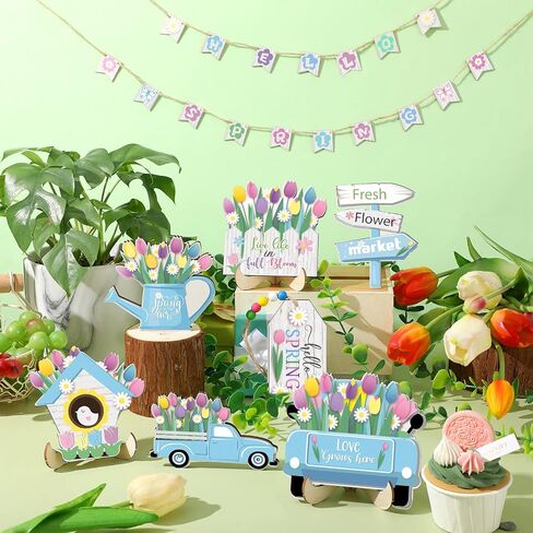 Bucherry Hello Spring ديكور صينية متدرجة طاولة التوليب زخارف خشبية لافتة سوق الزهور منضدية ديكور مزرعة ريفي لعطلة الربيع والمطبخ المنزلي (نمط توليب) in Saudi Arabia