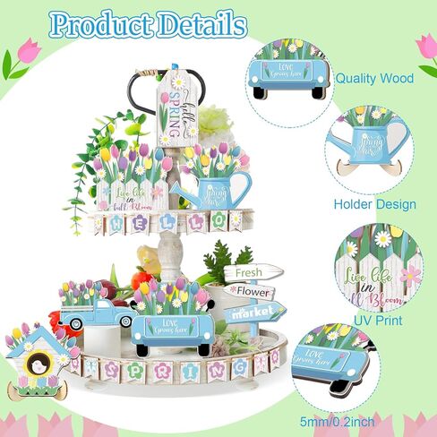 Bucherry Hello Spring ديكور صينية متدرجة طاولة التوليب زخارف خشبية لافتة سوق الزهور منضدية ديكور مزرعة ريفي لعطلة الربيع والمطبخ المنزلي (نمط توليب) in Saudi Arabia