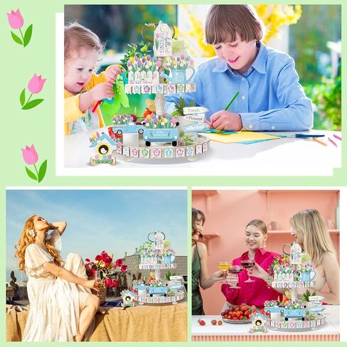 Bucherry Hello Spring ديكور صينية متدرجة طاولة التوليب زخارف خشبية لافتة سوق الزهور منضدية ديكور مزرعة ريفي لعطلة الربيع والمطبخ المنزلي (نمط توليب) in Saudi Arabia