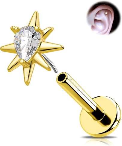 OUFER Gold Helix Piercing Jewelry 18G Star Shiny Drop Clear CZ Forward Helix الأقراط، G23 الصلبة التيتانيوم شقة الظهر دفع دبوس Labret الشفاه الغضروف محارة الزنمة ثقب المجوهرات للنساء الرجال in Kuwait
