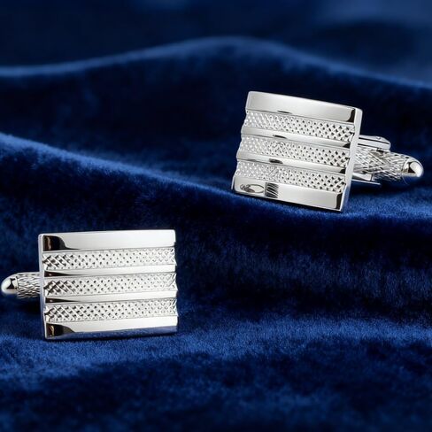 Men's Cufflink Set, Rectangular Silver Embossed Metal Design, Paired with a Gift Box, as an Accessory and Gift. Add Color to Your Clothing. in Saudi Arabia
