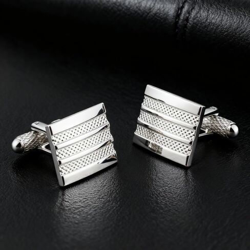 Men's Cufflink Set, Rectangular Silver Embossed Metal Design, Paired with a Gift Box, as an Accessory and Gift. Add Color to Your Clothing. in Saudi Arabia