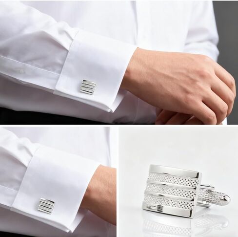 Men's Cufflink Set, Rectangular Silver Embossed Metal Design, Paired with a Gift Box, as an Accessory and Gift. Add Color to Your Clothing. in Saudi Arabia