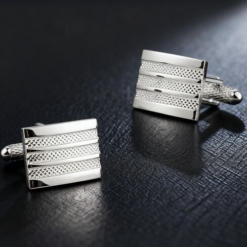 Men's Cufflink Set, Rectangular Silver Embossed Metal Design, Paired with a Gift Box, as an Accessory and Gift. Add Color to Your Clothing. in Saudi Arabia