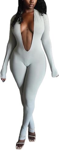 بذلة نسائية مثيرة بدون ظهر ورقبة على شكل حرف V عميقة بلون سادة وأكمام طويلة بذلة قابلة للتمدد من قطعة واحدة ملابس كلوبوير in Kuwait