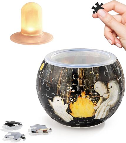 3D Halloween Puzzle Candle Light - LED Jack O’ Lantern Decor with Flameless Tea Lights - Battery Operated Plastic Pumpkins for Indoor & Outdoor Spooky Decorations, Magic Cat [KL1075] in Kuwait