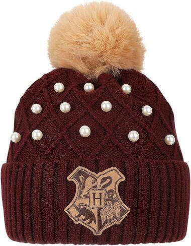Harry Potter Hogwarts Crest & Pearl Appliques Maroon Cuff Beanie in Kuwait