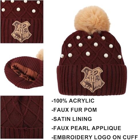 Harry Potter Hogwarts Crest & Pearl Appliques Maroon Cuff Beanie in Kuwait