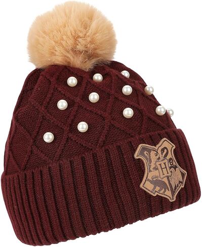 Harry Potter Hogwarts Crest & Pearl Appliques Maroon Cuff Beanie in Kuwait