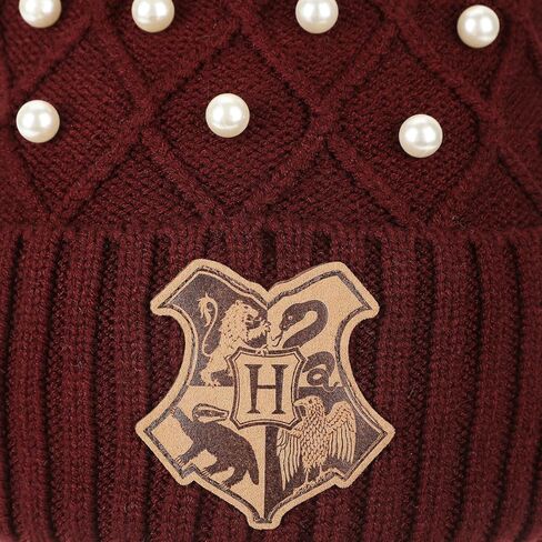 Harry Potter Hogwarts Crest & Pearl Appliques Maroon Cuff Beanie in Kuwait