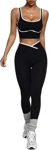 Milumia Women's 2 Piece Workout Sets Color Block Crop Tank Top Crossover Leggings Set Tracksuit in Saudi Arabia