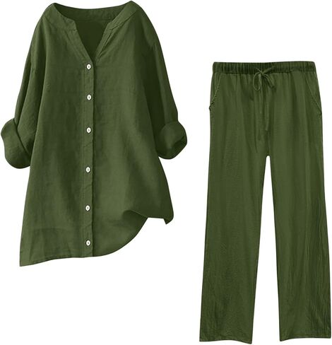 JiXiang Linen Sets For Women 2 Piece Long Pants 3/4 Sleeve Loose Fit Button Down Blouse Wide Leg Pants Casual Lounge Sets in Saudi Arabia