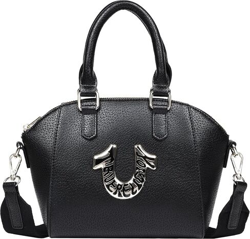 True Religion Satchel Bag, Retro Horseshoe Mini Purse with Oversized Logo, Detachable Strap and Gold Hardware, Black in Saudi Arabia