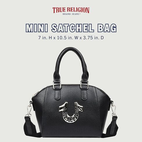True Religion Satchel Bag, Retro Horseshoe Mini Purse with Oversized Logo, Detachable Strap and Gold Hardware, Black in Saudi Arabia