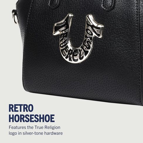 True Religion Satchel Bag, Retro Horseshoe Mini Purse with Oversized Logo, Detachable Strap and Gold Hardware, Black in Saudi Arabia