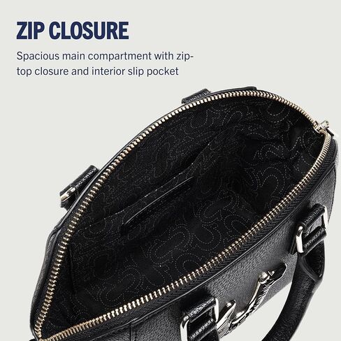 True Religion Satchel Bag, Retro Horseshoe Mini Purse with Oversized Logo, Detachable Strap and Gold Hardware, Black in Saudi Arabia