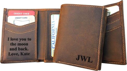 RFID Blocking Personalized Genuine Leather Men's Trifold Wallet Monogrammed with Custom Message Inside, Gifts for Boyfriend Husband Dads Anniversary Christmas Graduation in Saudi Arabia