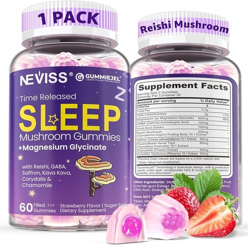 NEVISS Reishi Mushroom Sleep Gummies - علكات نوم خالية من الميلاتونين للبالغين | الريشي، الزعفران، المغنيسيوم، غابا والبابونج - تشكيل غير اعتيادي، يساعد على الاسترخاء العميق - نباتي، نكهة التوت، عبوة واحدة in Kuwait