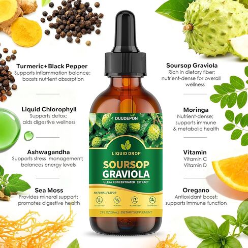 Soursop Bitters Liquid with Sea Moss, Moringa, Turmeric, Black Seed Oil, Oregano, Ashwagandha for Cell Support, Immune Boost - Soursop Graviola Liquid Drops Natural Flavor, 2 Fl Oz in Saudi Arabia