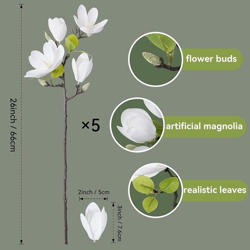 Ivydale Artificial Magnolia Flowers Stems, 5PCS White Fake Flowers Buds, 26" Flora Branches Home Decor for Tall Vase Realistic Table Centerpiece Indoor Decoration(No Pot) in Saudi Arabia