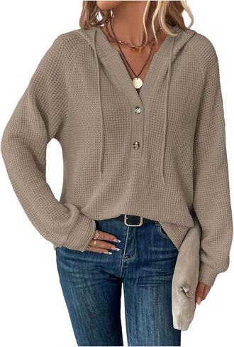 Verdusa Women's Old Money Clothes Waffle Button Up Hoodies Elegant Pullover Sweatshirts Basic Work Tops in Saudi Arabia