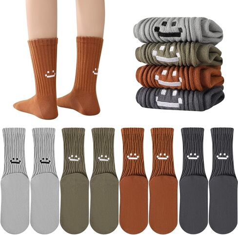 4 Pairs Women Slouch Crew Socks Cute Fun Smile Face Retro Ribbed Scrunch Cotton Socks for Casual Athletic in Saudi Arabia