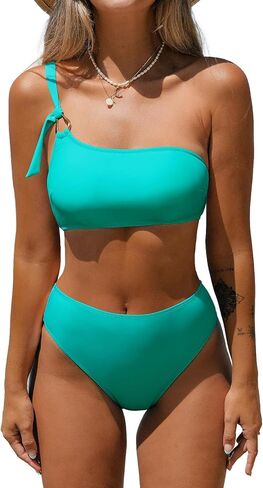 CUPSHE Women's Bikini Sets Two Piece Swimsuit High Waisted One Shoulder Asymmetrical Neck Self Tie Bathing Suit in Saudi Arabia