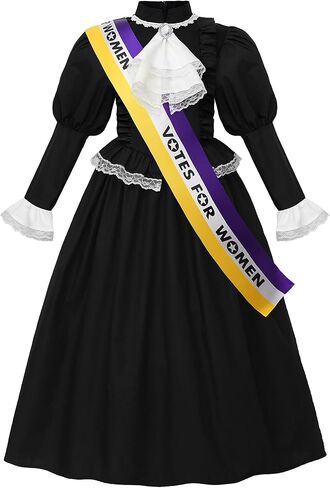 ReliBeauty Susan B Anthony Costume for Girls, Black Victorian Era Colonial Dress with Puff Sleeves & Sash in Saudi Arabia