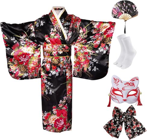 Halloween Costumes for Girls Japanese Anime Kimono Geisha Robe Outfit with Accessories in Saudi Arabia