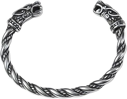Viking Bracelet for Men, Vintage Silver Open Twisted Cuff Bracelet, Adjustable Pagan Norse God Odin Arm Rings with Wolf Head Design, Medieval Warrior Jewelry, Viking Accessories for Birthday Decor in Saudi Arabia