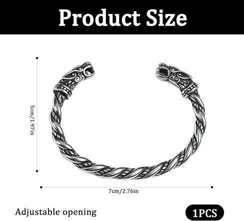 Viking Bracelet for Men, Vintage Silver Open Twisted Cuff Bracelet, Adjustable Pagan Norse God Odin Arm Rings with Wolf Head Design, Medieval Warrior Jewelry, Viking Accessories for Birthday Decor in Saudi Arabia