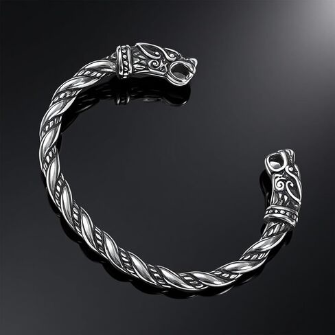Viking Bracelet for Men, Vintage Silver Open Twisted Cuff Bracelet, Adjustable Pagan Norse God Odin Arm Rings with Wolf Head Design, Medieval Warrior Jewelry, Viking Accessories for Birthday Decor in Saudi Arabia