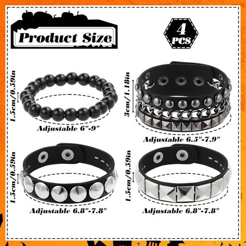 Vin Beauty 4 Pcs Leather Studded Bracelets for Men Women, Punk Leather Rock Studded Bracelets Emo Punk Rock Leathers Goth Jewelry for Vintage Outfits in Saudi Arabia