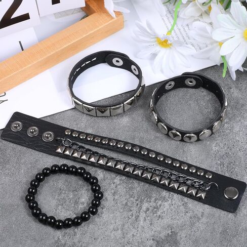 Vin Beauty 4 Pcs Leather Studded Bracelets for Men Women, Punk Leather Rock Studded Bracelets Emo Punk Rock Leathers Goth Jewelry for Vintage Outfits in Saudi Arabia