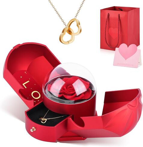 وردة حمراء حقيقية محفوظة مع قلادة على شكل قلب - زهور أبدية، هدايا عيد ميلاد للنساء، أمها، زوجة، صديقة، الجدة في عيد الحب، عيد الميلاد، الذكرى السنوية الرومانسية in Kuwait