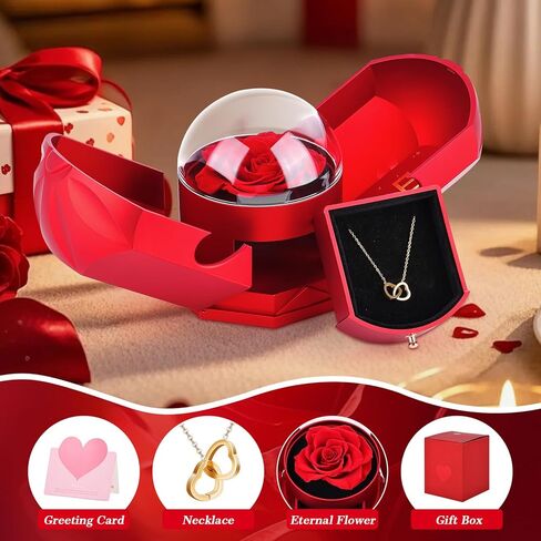 وردة حمراء حقيقية محفوظة مع قلادة على شكل قلب - زهور أبدية، هدايا عيد ميلاد للنساء، أمها، زوجة، صديقة، الجدة في عيد الحب، عيد الميلاد، الذكرى السنوية الرومانسية in Kuwait