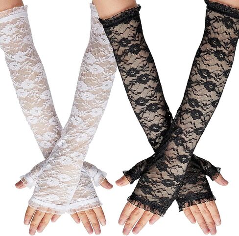 SATINIOR 2 Pairs Womens Long Lace Gloves Halloween Fingerless Gloves Long Floral Lace Glove Elbow Length Arm Covers for Halloween Wedding Opera Costume Tea Dance Cosplay Party in Saudi Arabia