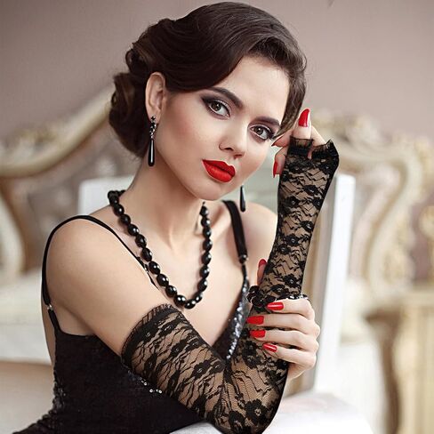 SATINIOR 2 Pairs Womens Long Lace Gloves Halloween Fingerless Gloves Long Floral Lace Glove Elbow Length Arm Covers for Halloween Wedding Opera Costume Tea Dance Cosplay Party in Saudi Arabia