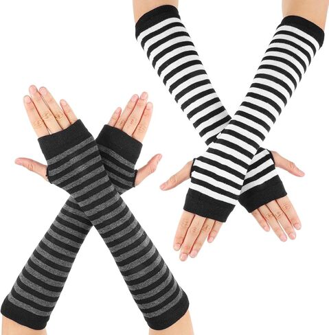 زوجان من تدفئة الذراع المخططة، قفازات تدفئة الذراع المحبوكة المخططة على الطراز القوطي البانك بدون أصابع، قفازات Harajuku Kawaii الدافئة القابلة للتمدد منسوجة للنساء والرجال في المكاتب والكتابة على الكمبيوتر in Kuwait