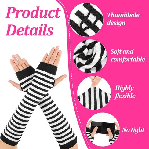زوجان من تدفئة الذراع المخططة، قفازات تدفئة الذراع المحبوكة المخططة على الطراز القوطي البانك بدون أصابع، قفازات Harajuku Kawaii الدافئة القابلة للتمدد منسوجة للنساء والرجال في المكاتب والكتابة على الكمبيوتر in Kuwait