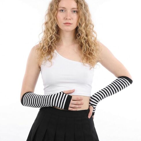 زوجان من تدفئة الذراع المخططة، قفازات تدفئة الذراع المحبوكة المخططة على الطراز القوطي البانك بدون أصابع، قفازات Harajuku Kawaii الدافئة القابلة للتمدد منسوجة للنساء والرجال في المكاتب والكتابة على الكمبيوتر in Kuwait