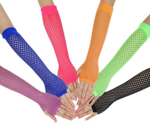 6 Pairs Fish Net Arm Sleeves Fishnet Gloves Fingerless For Women Long Arm Fishnets Sleeves Fish Net Arm Sleeve 80s Party Costume Accessories Supplies In Black Blue Neon Green Hot Pink Orange Purple in Saudi Arabia