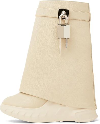 Women's Padlock Ankle Boots Fold Over Boots Platform Wedges Round Toe Mid Calf Biker Boot Fashion Comfort Short Boots for Women in Saudi Arabia