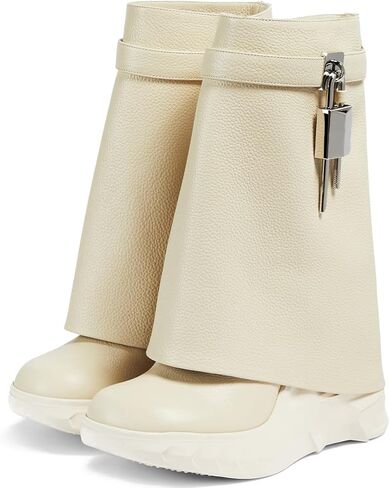 Women's Padlock Ankle Boots Fold Over Boots Platform Wedges Round Toe Mid Calf Biker Boot Fashion Comfort Short Boots for Women in Saudi Arabia