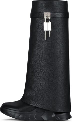 Women's Padlock Ankle Boots Fold Over Boots Platform Wedges Round Toe Mid Calf Biker Boot Fashion Comfort Short Boots for Women in Saudi Arabia