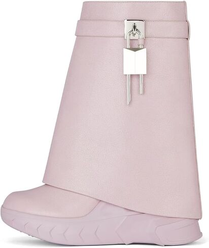 Women's Padlock Ankle Boots Fold Over Boots Platform Wedges Round Toe Mid Calf Biker Boot Fashion Comfort Short Boots for Women in Saudi Arabia