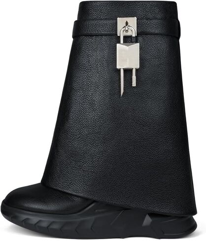 Women's Padlock Ankle Boots Fold Over Boots Platform Wedges Round Toe Mid Calf Biker Boot Fashion Comfort Short Boots for Women in Saudi Arabia