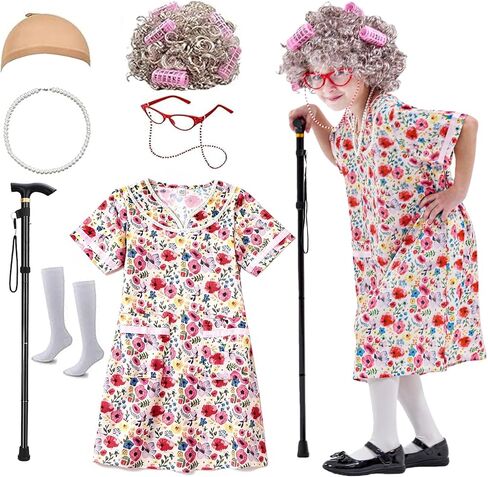 Kids 100 Days of School Costume for Girls, Old Lady Costume wig dress and Granny Grandma Set for Child in Saudi Arabia